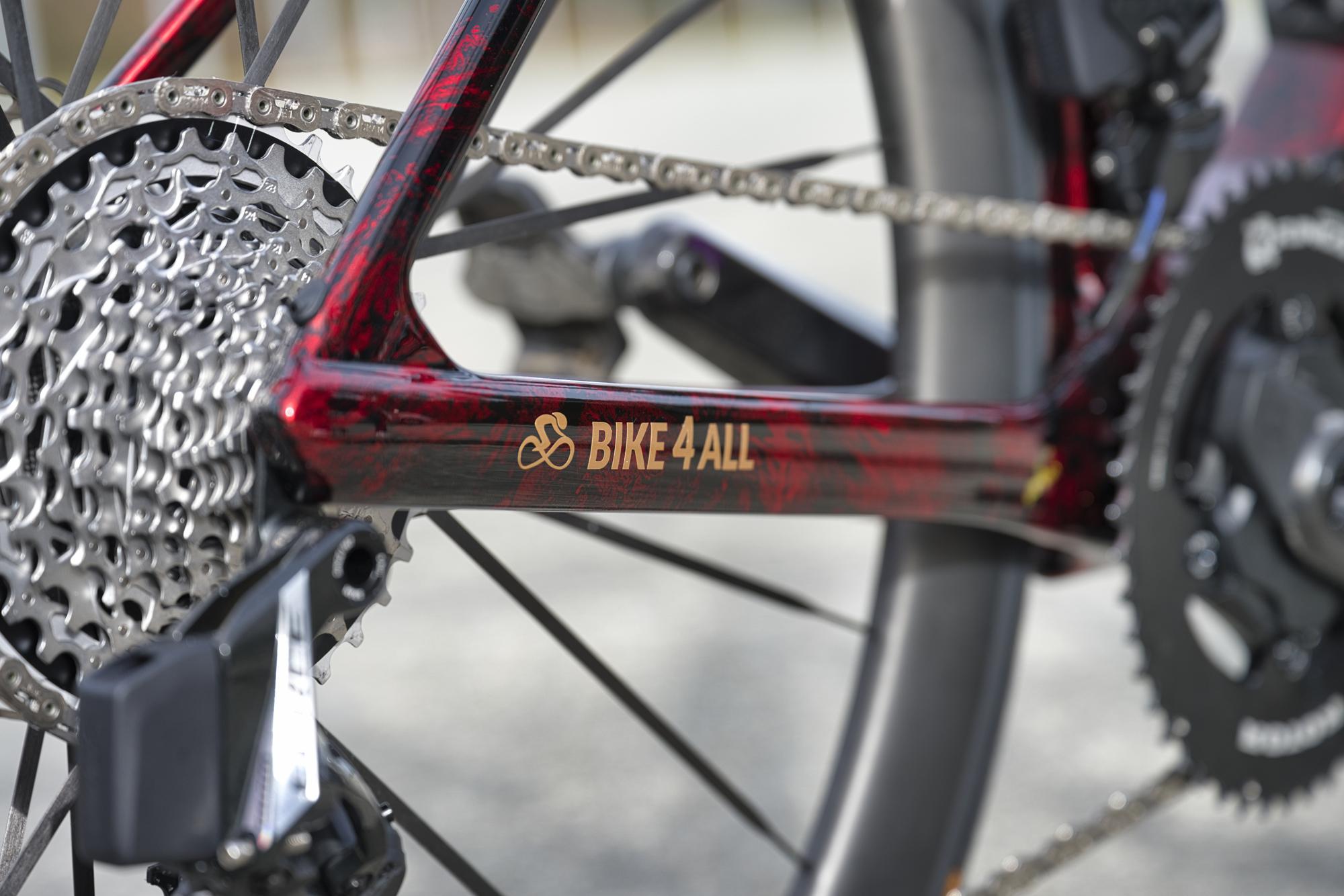 BMC Teammachine personnalisé avec peinture rouge intense sur mesure et reflets d'or, vue arrière