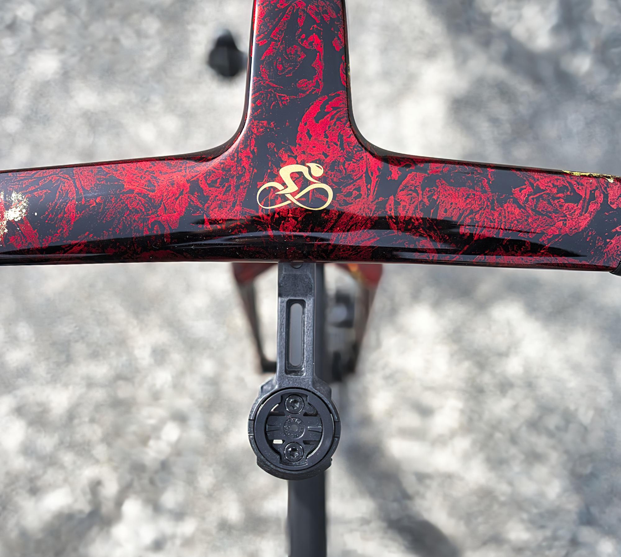 Détail du logo Bike4All peint à la main avec effet doré sur un BMC Teammachine