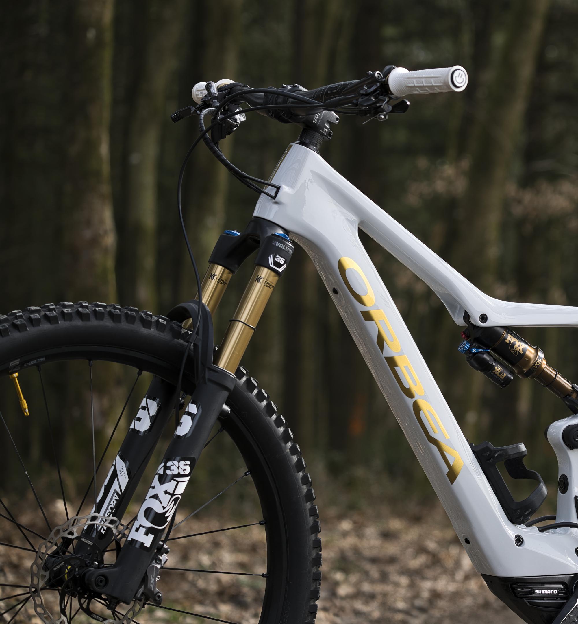 Détail du cadre d'un VTT Orbea avec finition dorée