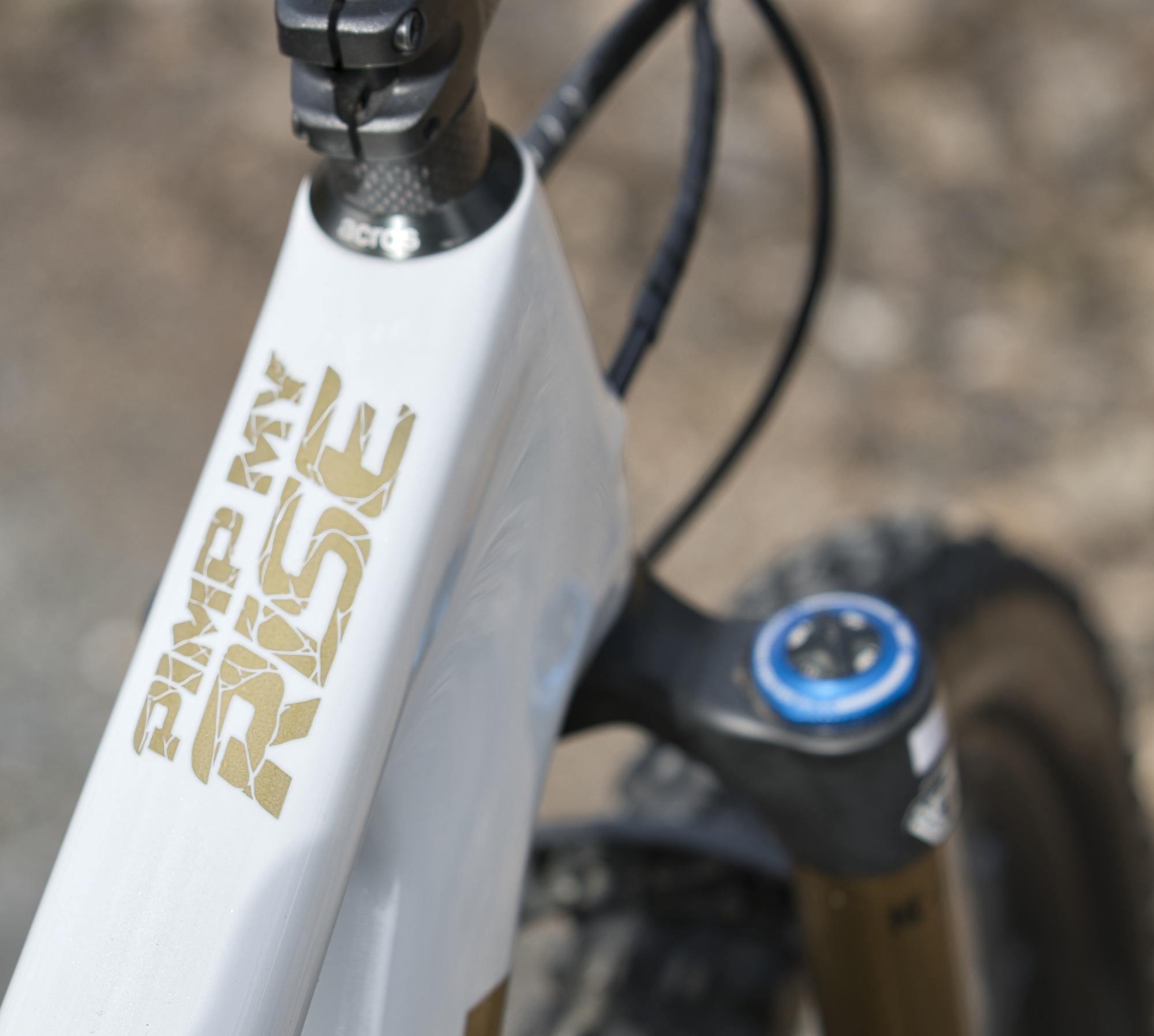 Détail du logo peint à la main avec effet doré sur un VTT Orbea