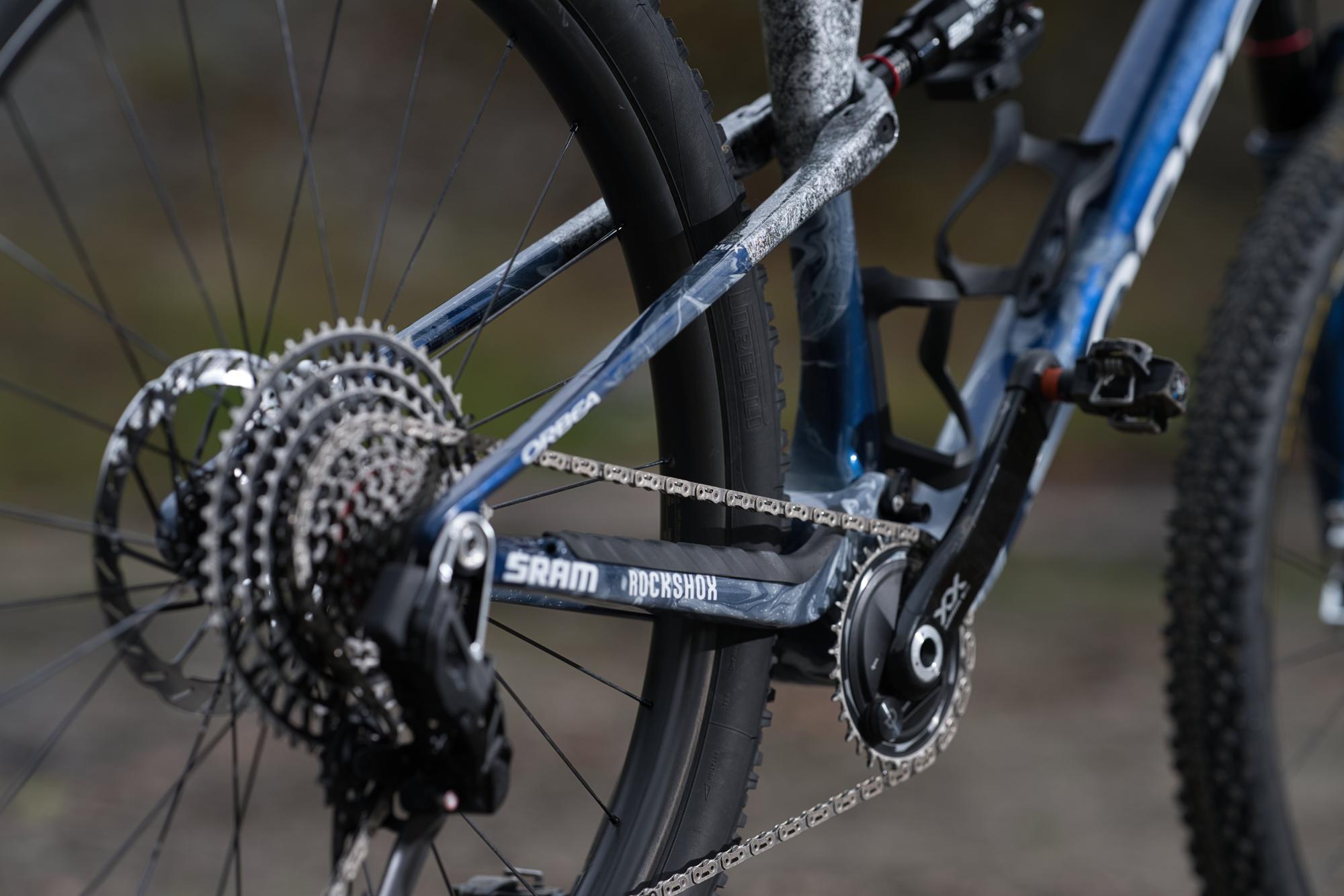 VTT Orbea Oiz personnalisé avec peinture sur mesure et reflets bleus, vue arrière