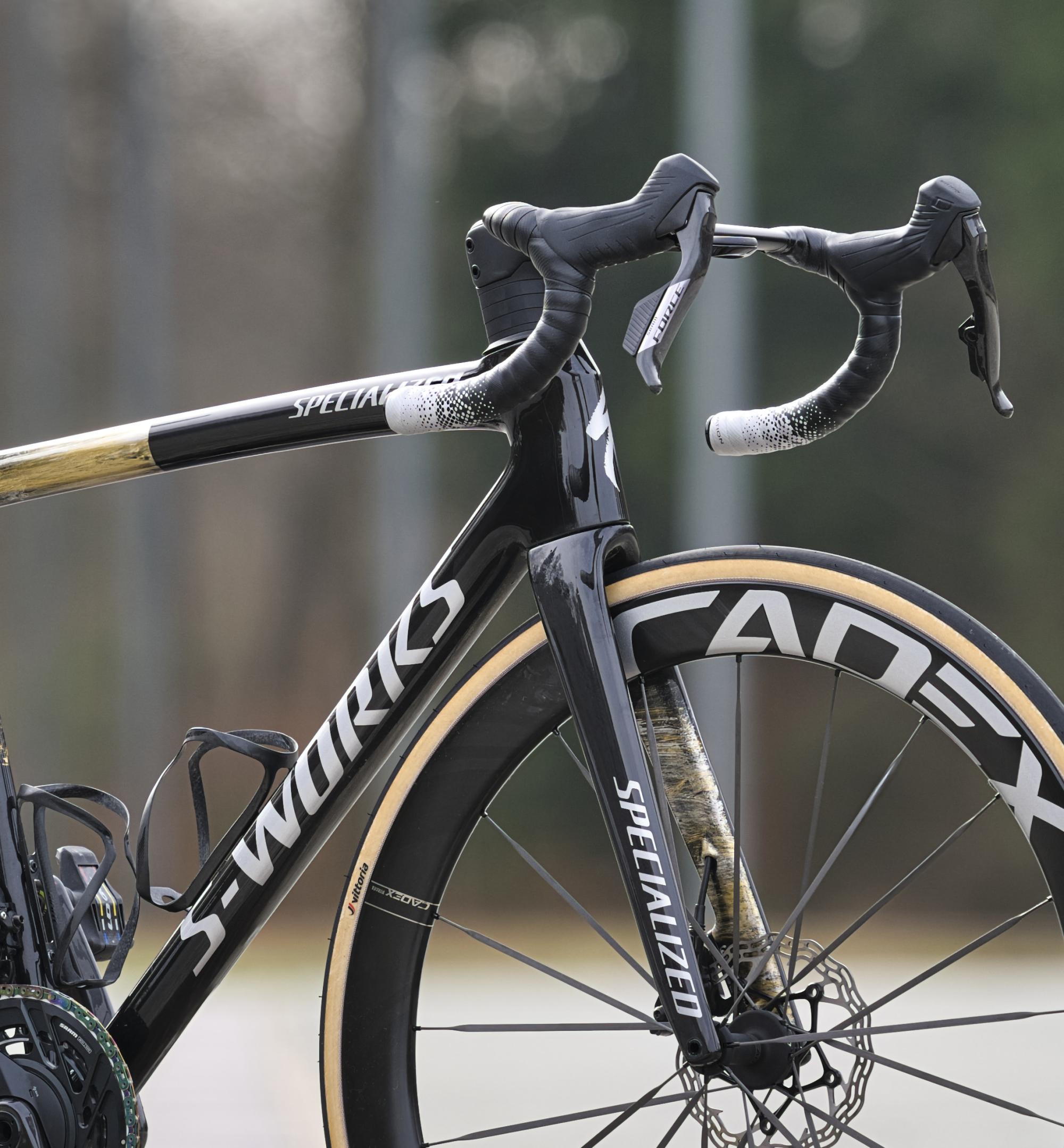 Détail du cadre d'un Specialized SL8 avec finition métallisée et reflets dorés