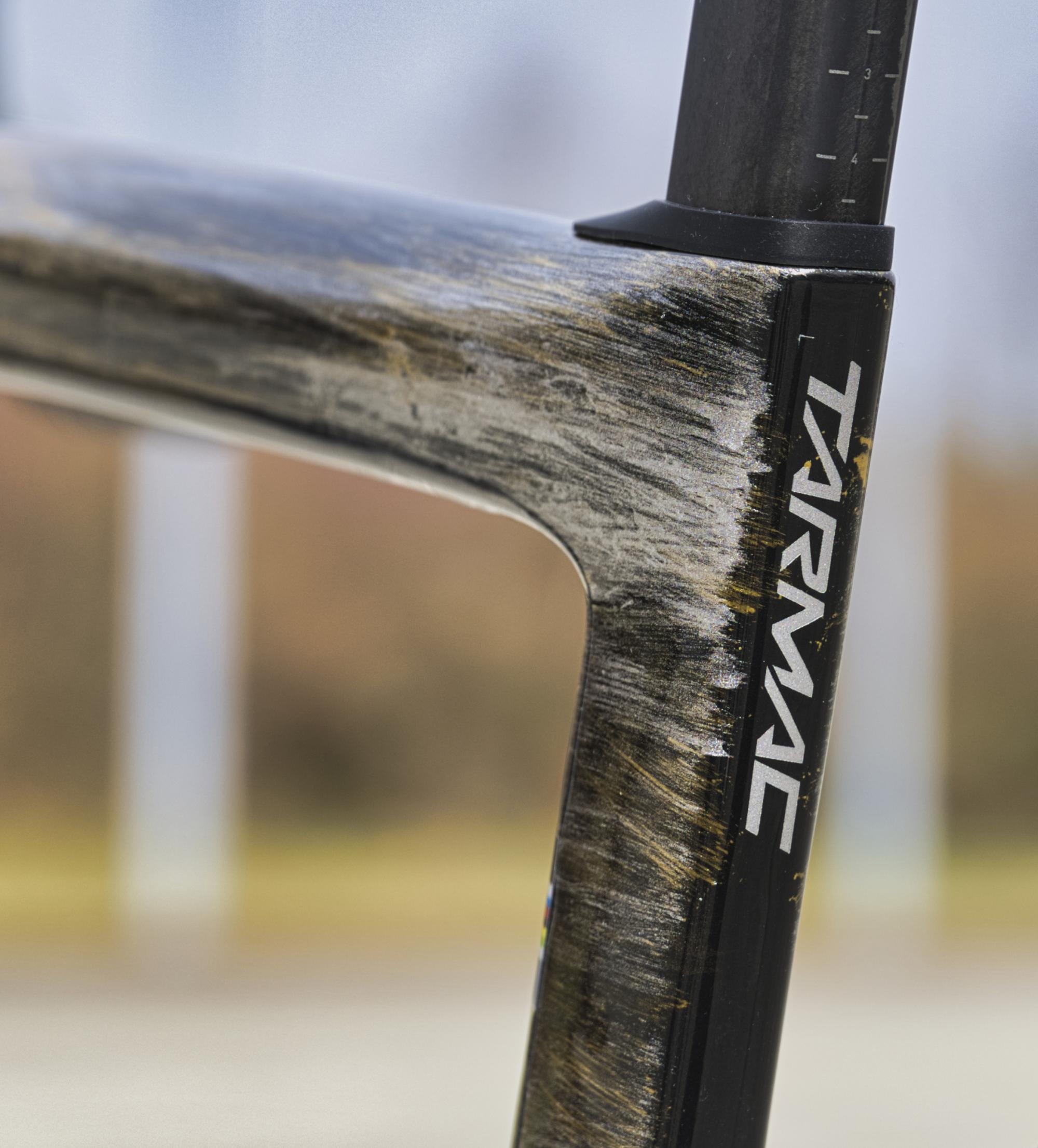 Détail du cadre d'un Specialized SL8 avec finition métallisée et reflets dorés